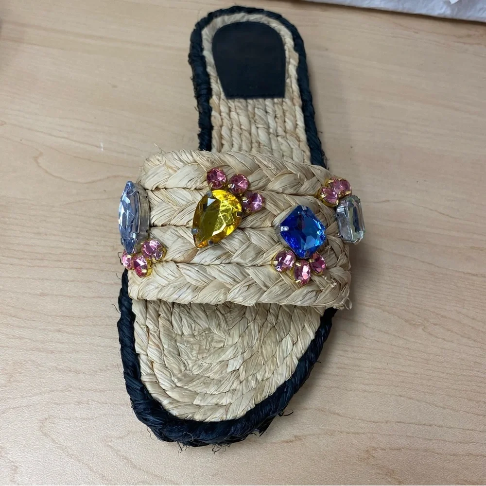 T14 Tory Burch Multicolor Crystal‎ Raffia Slide Sandals